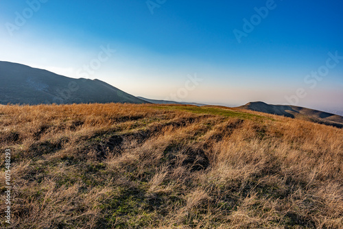 View from a dirt road on a hill overgrown with dry yellow autumn grass, at the city below and the haze of smog above it.