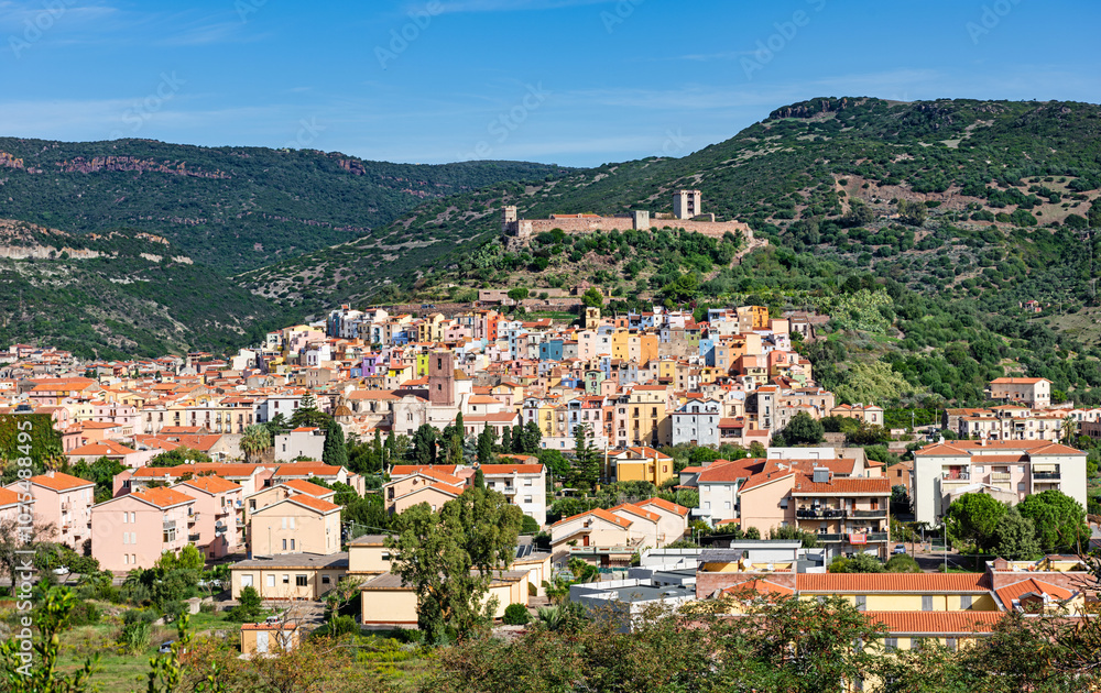 Panoramic view of the historic old town of Bosa with its colorful houses, Sardinia, Italy Panoramic view of the historic old town of Bosa with its colorful houses, Sardinia, Italy
