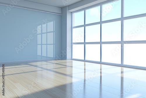 This is an interior shot of an empty and cozy room with a wooden floor and grey walls