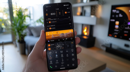 Modern smartphone display featuring customizable widgets in a cozy living room setting