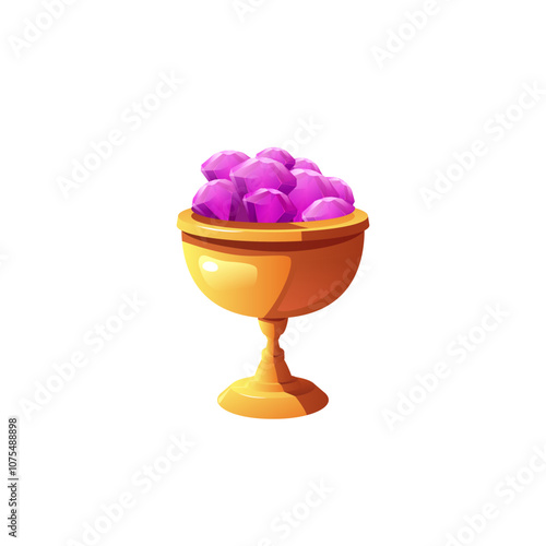 Award trophy gold cup with purple gemstones vector icon, champion glory, game winner treasures goblet with diamonds