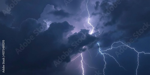 Dark grey blue cloud formations with white undertones displaying vibrant lightning flashes, cloudy day, electrical discharge, lightning storms