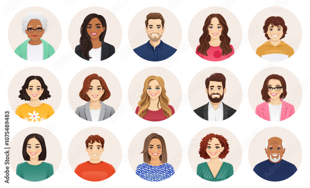 Smiling multiethnic diversity people avatar set. Different men and women characters collection. Isolated vector illustration. Smiling multiethnic diversity people avatar set. Different men and women characters collection. Isolated vector illustration.