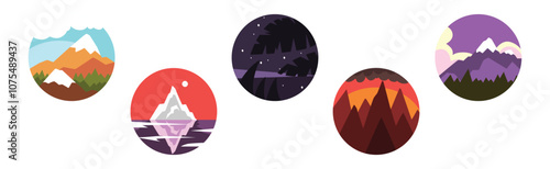 Beautiful Landscape and Nature Scene in Round Frame Vector Set