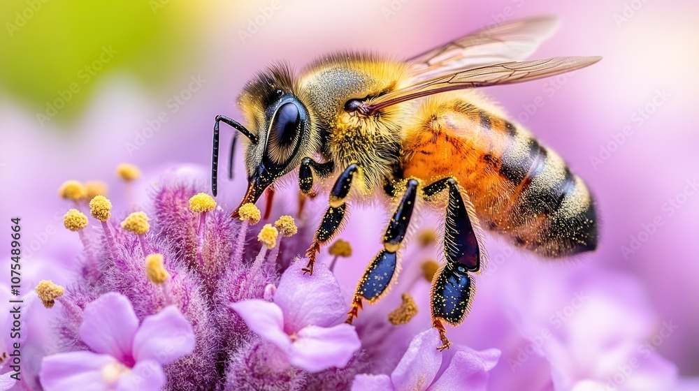A honeybee gathers nectar from a purple flower. A honeybee gathers nectar from a purple flower.