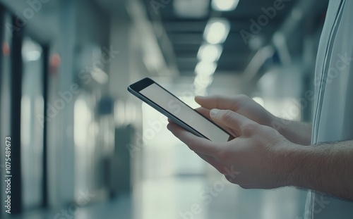 Digital tablet held by doctor wearing white lab coat