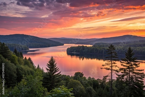 A stunning sunset over a serene lake with surrounding trees and hills, tree, hill, terrain, scenery