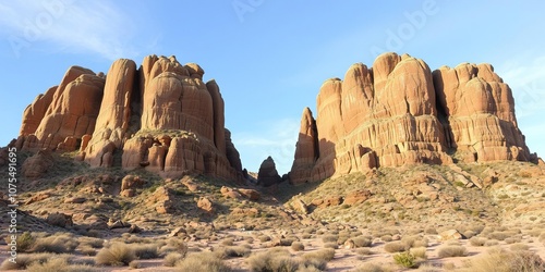 Majestic rock formations rise above the desert floor, covered in lichen and moss, naturephotography , rockformations photo