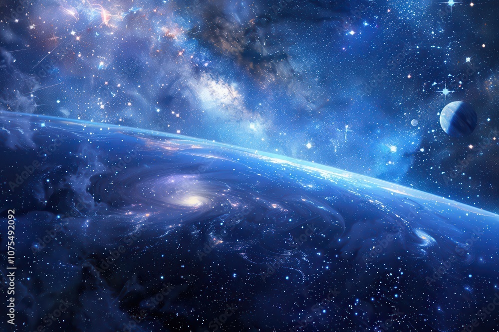 Obraz premium Earth from space showing the Milky Way galaxy and a blue moon.