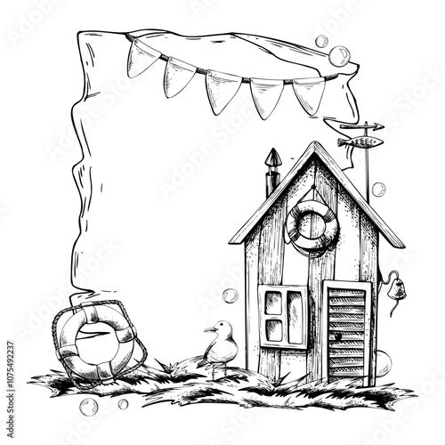 A wooden, striped booth for a fisherman on the grass with a rescue circle, a seagull, a garland of flags. Graphic linear drawing, hand drawn in black and white monochrome. nautical. Template frame