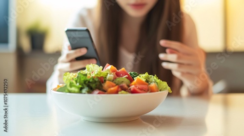 Timing is Key to Intermittent Fasting Success - Person Monitoring Timer on Smartphone Next to Healthy Salad Bowl on Bright Table with Negative Space for Focus