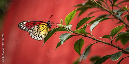 Close-up of jezebel's wings perched on a leafy branch with red background, wings, branch, perched photo