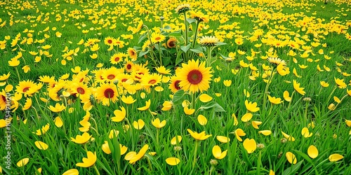 Yellow petals of sunflowers scattered across a bright green grassy field with some tall stalks in the middle, greenery, lawnbackdrop photo