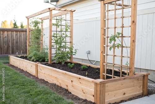 Cedar wood raised garden bed with a wooden trellis supporting climbing plants, trellises, outdoor furniture, cedar wood garden beds, raised garden beds, nature inspired photo