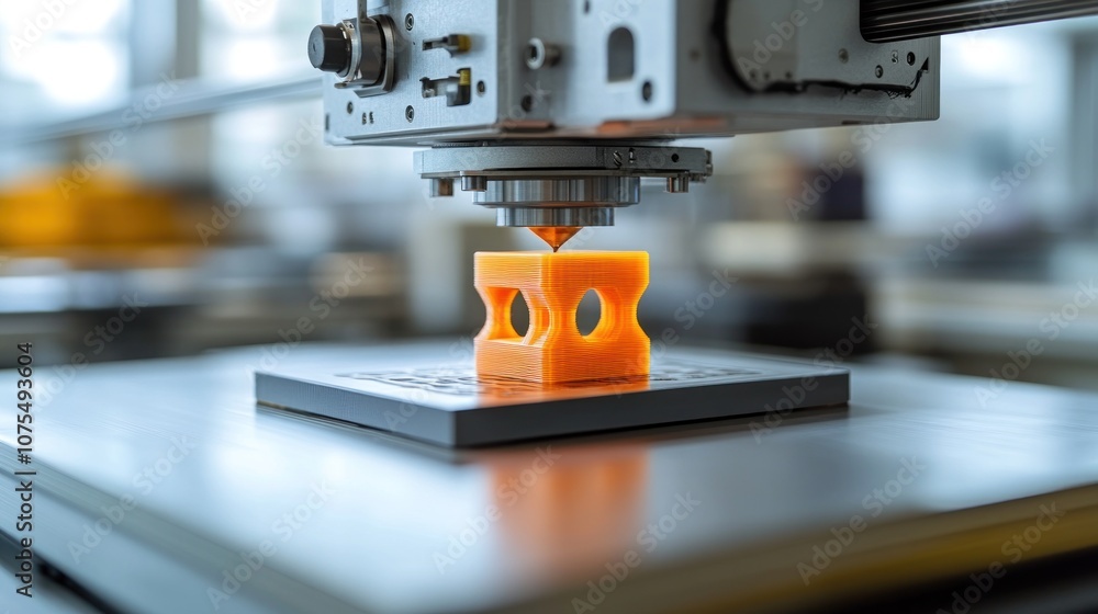 3D printer head printing orange plastic model. 3D printer head printing orange plastic model.