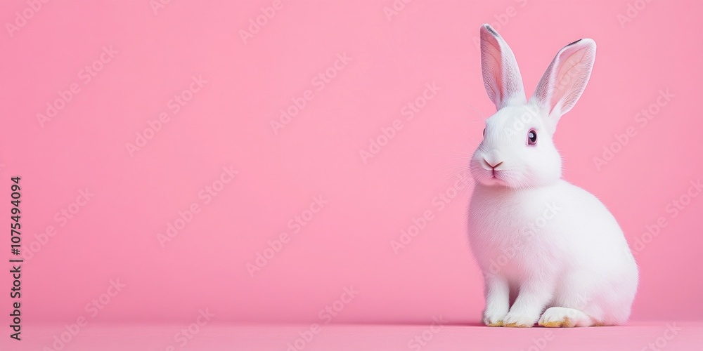 A cute white rabbit sits gracefully against a soft pink background. This playful scene captures the charm of pets. Ideal for spring themes and animal lovers. AI A cute white rabbit sits gracefully against a soft pink background. This playful scene captures the charm of pets. Ideal for spring themes and animal lovers. AI