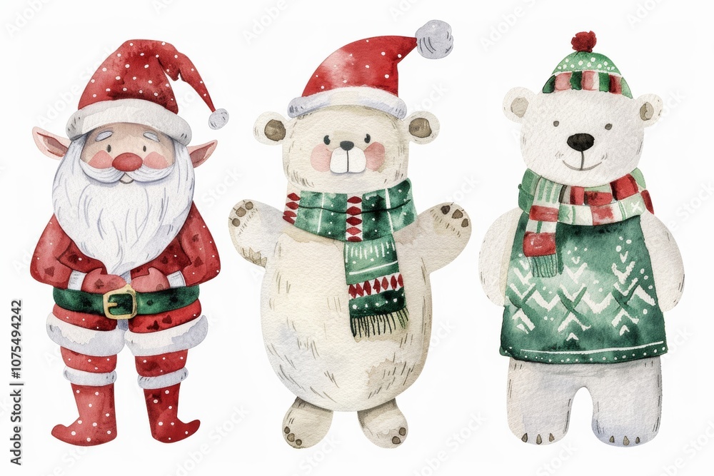 Fototapeta premium Watercolor christmas characters with santa, polar bear, elf in festive attire
