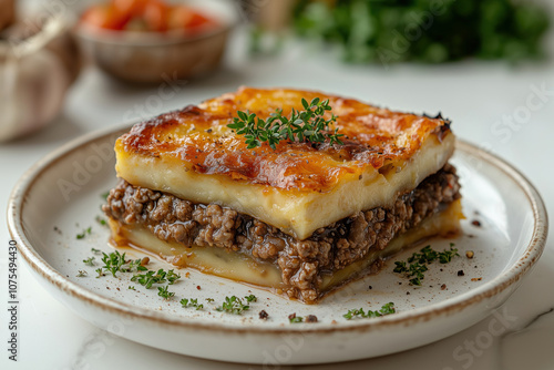 Obraz na płótnie Authentic Greek Moussaka | Hearty Layered Eggplant And Meat Casserole. The Dish Features Layers Of Tender Eggplant, Flavorful Ground Meat, And A Creamy Béchamel Sauce w salonie