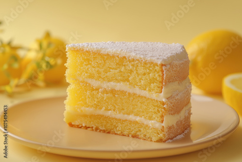 Delicious Lemon Cake On A Yellow Plate. Homemade Lemon Cake With Fresh Lemon Slices On Yellow Background