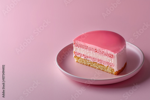 Delectable Strawberry Cake Delight. Pastel Pink Dessert Slice On Plate With A Vibrant Pink Glaze