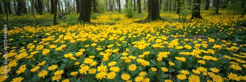 A carpet of bright yellow ranunculus flowers covering the forest floor, springtime beauty, sunny forest floor, ranunculus