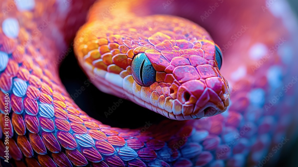 Colorful snake coiled gracefully against a vibrant background in natural light Colorful snake coiled gracefully against a vibrant background in natural light