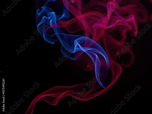 tendrils of red and blue smoke stretch upwards in thin wisps against a backdrop of ebony darkness, misty veil, red smoke