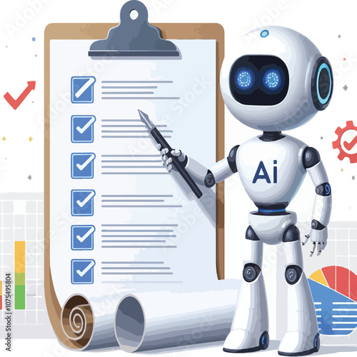 A robot with AI symbol holding data charts and documents points to a checklist on a scroll. Ideal for technology, artificial intelligence, data analysis, automation, and innovation. Simple vector art 