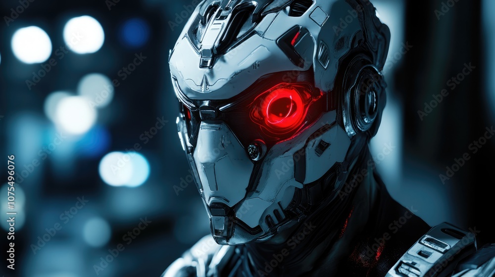 A close up of a futuristic humanoid soldier with a striking red eye gazing directly at the camera showcasing highly detailed gear A close up of a futuristic humanoid soldier with a striking red eye gazing directly at the camera showcasing highly detailed gear