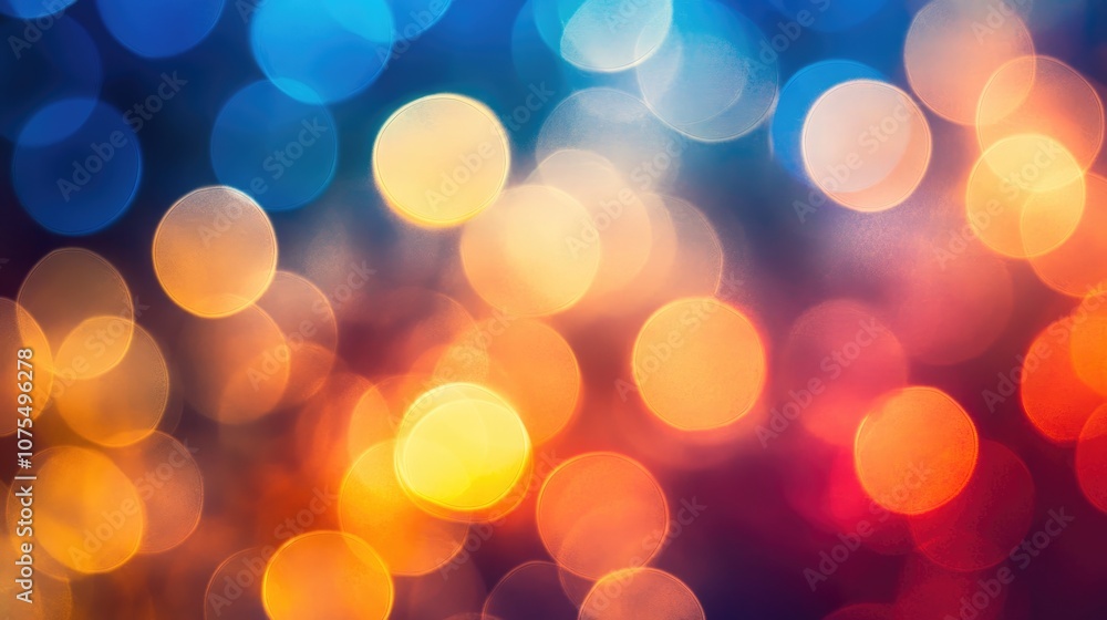 Vibrant circular bokeh lights blend in soft focus forming an abstract background rich in shades of orange blue and red evoking a festive and lively atmosphere