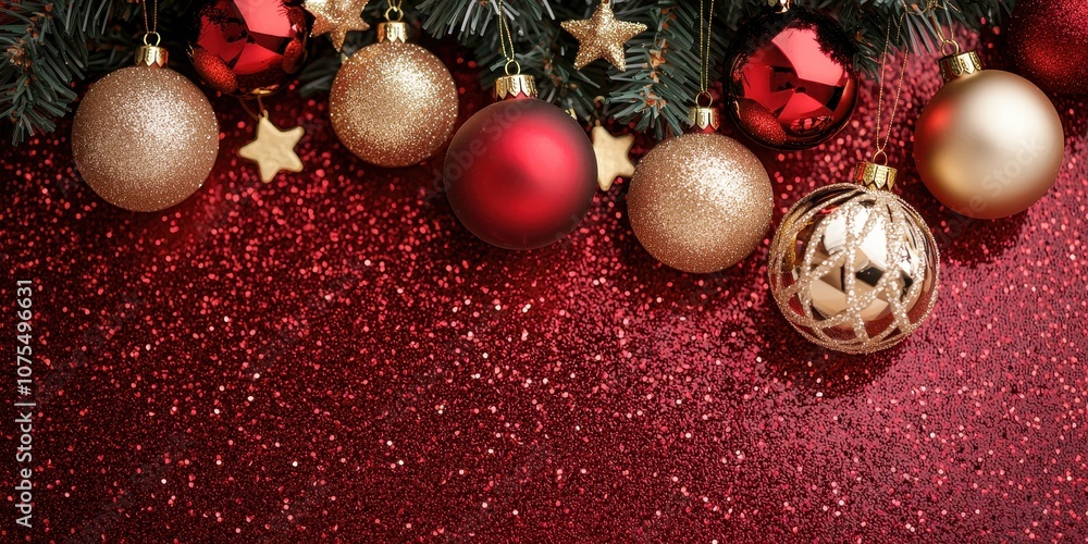 For exclusive Christmas sale banner, a festive arrangement of shimmering Christmas ornaments in red, gold, and white, set against a sparkling red background, evoking holiday cheer. For exclusive Christmas sale banner, a festive arrangement of shimmering Christmas ornaments in red, gold, and white, set against a sparkling red background, evoking holiday cheer.