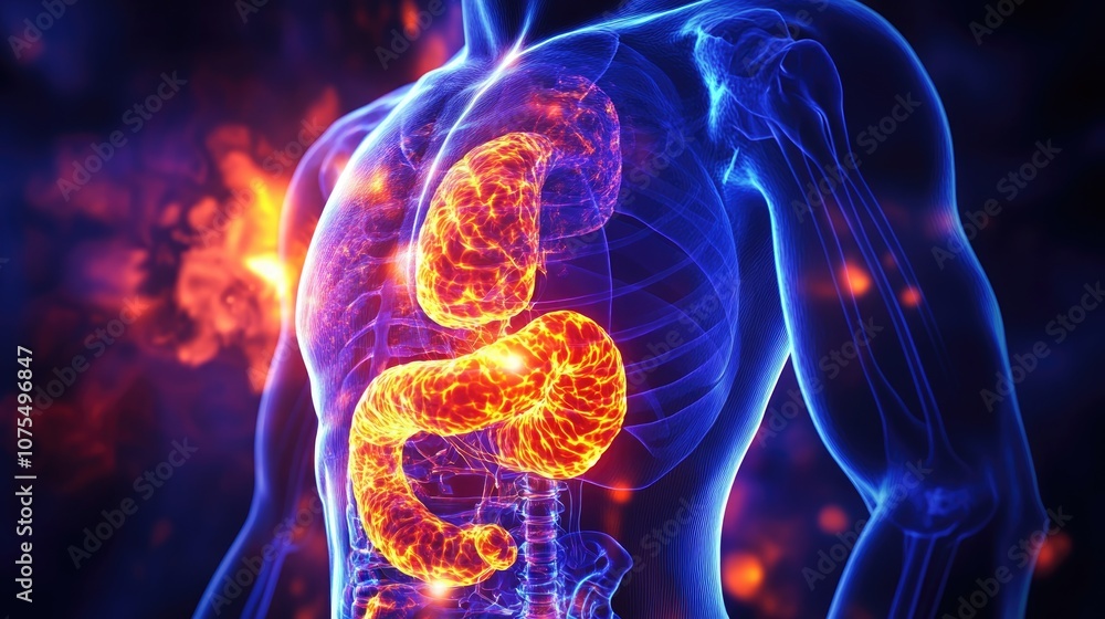 3D illustration depicting inflamed organs within the human body focusing on medical and scientific concepts related to X ray and radiology 3D illustration depicting inflamed organs within the human body focusing on medical and scientific concepts related to X ray and radiology