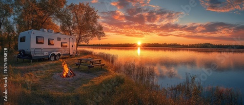 Fototapeta Naklejka Na Ścianę i Meble -  Camping at Sunset: A tranquil campsite at the water's edge, as the sun dips below the horizon, casting a warm glow over a cozy RV and a crackling campfire, promising relaxation and adventure.