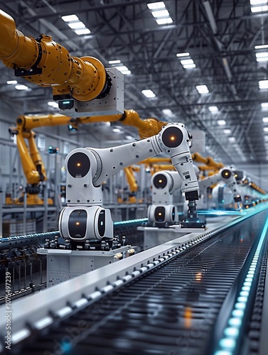 Robots create products from materials using industrial robot arms to complete product manufacturing process in style of machine