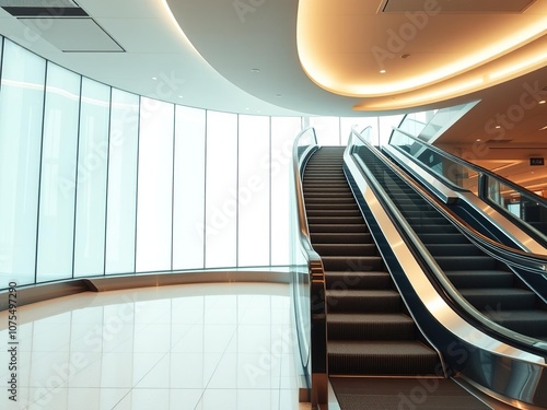 Sleek modern luxury escalator at airport with curved staircase design, modern transportation hub, curved staircase photo