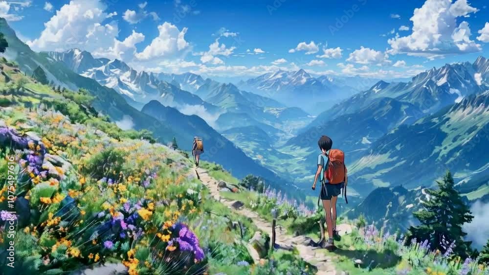 A scenic mountain trail with hikers surrounded by vibrant flowers and majestic peaks. A scenic mountain trail with hikers surrounded by vibrant flowers and majestic peaks.