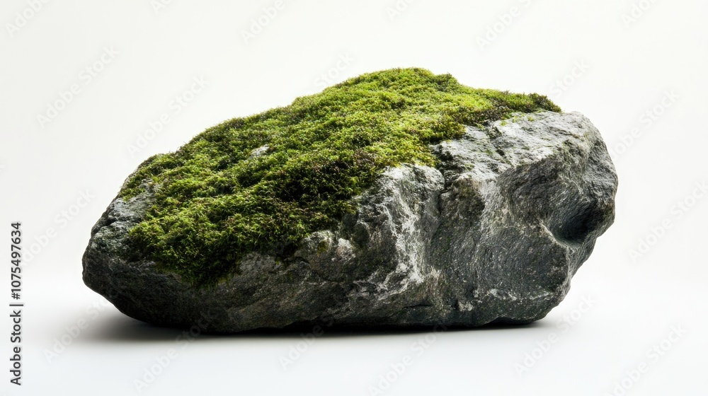 A substantial moss covered rock rests against a white backdrop A substantial moss covered rock rests against a white backdrop