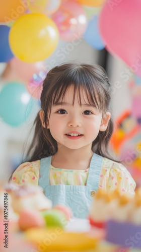 Adorable Birthday Girl: A charming portrait of a young Asian girl, surrounded by colorful balloons and birthday treats, captures the pure joy and innocence of childhood. 