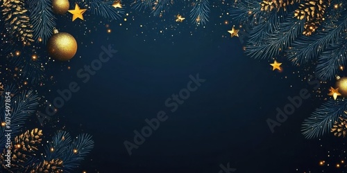 Christmas and New Year banner with blue baubles, golden stars, and frosted pine branches on a dark background. Holiday web design, social media, seasonal invitations, copy space, greeting cards