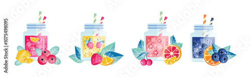 Glass Jar with Detox Fruit and Berry Drink with Straw Vector Set