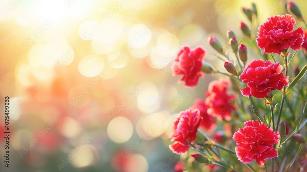 Red carnation, a composition of beautiful flowers, the morning sun. Natural floral background. A place for the text. Red carnation, a composition of beautiful flowers, the morning sun. Natural floral background. A place for the text.