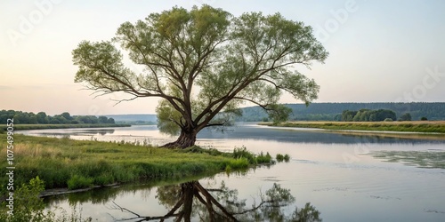 A majestic tree stands at the riverbank with its branches reflected perfectly in the calm water of River Mologa., mirror, water, foliage photo