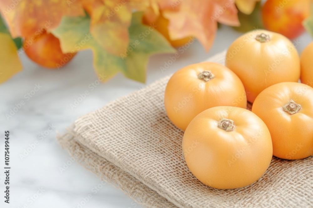 Jujubes and persimmons on rustic cloth during late autumn in Korea with natural light Jujubes and persimmons on rustic cloth during late autumn in Korea with natural light