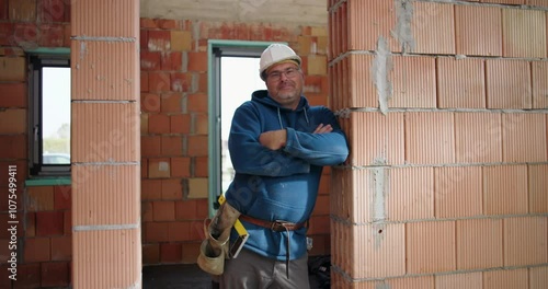 Wallpaper Mural Smiling construction worker in blue hoodie, arms folded, leaning against brick wall in unfinished building, safety helmet on, industrial site background Torontodigital.ca