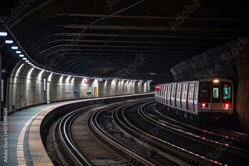 Subway trains on a curved track with subtle trails of light, smooth surface, dimly lit tunnel, gentle glow, subtle lighting, urban landscape