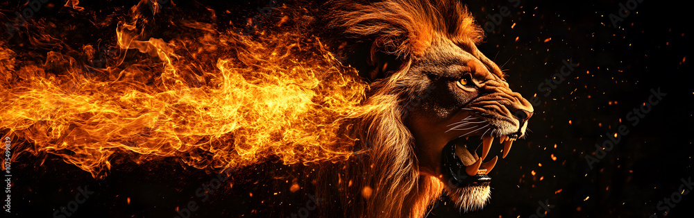 Obraz premium Majestic Lion Side Profile with Fiery Mane on Dark Background