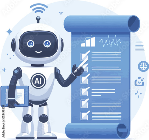 A robot with AI symbol holding data charts and documents points to a checklist on a scroll. Ideal for technology, artificial intelligence, data analysis, automation, and innovation. Simple vector art 