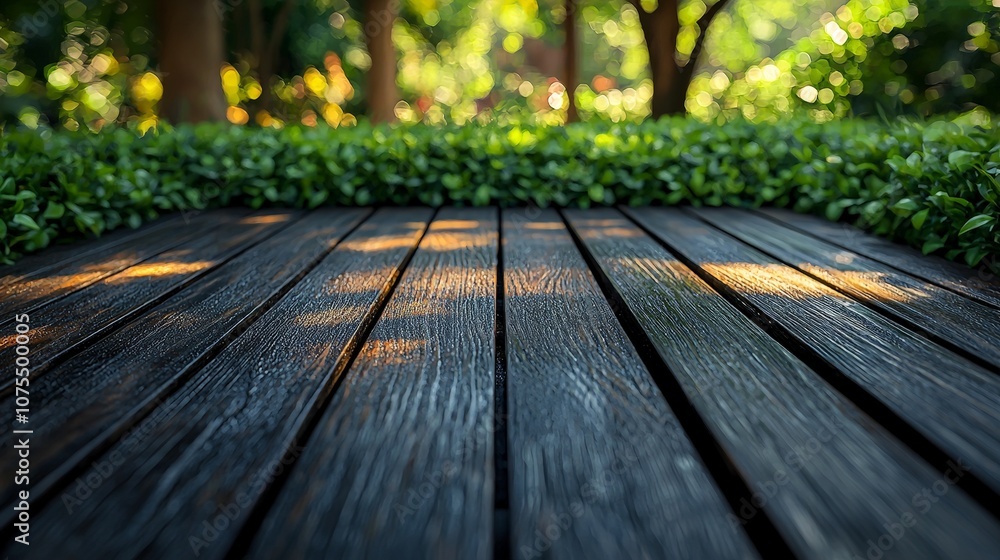 Fototapeta premium A serene wooden deck surrounded by lush greenery and dappled sunlight.