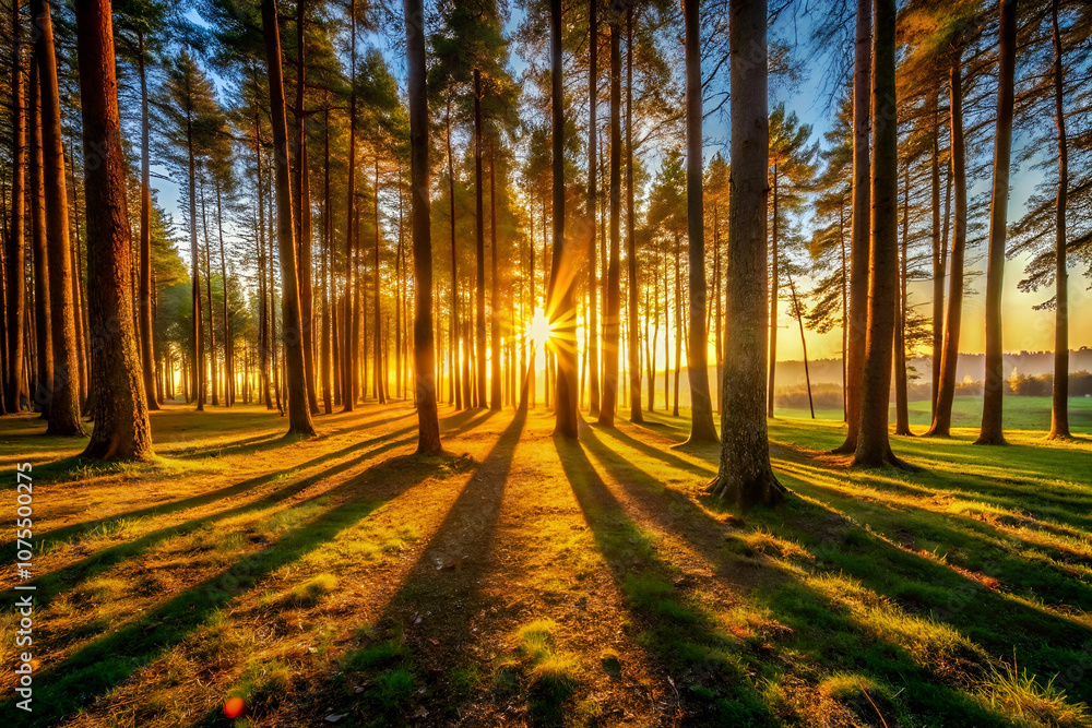 Fototapeta premium Tall trees cast long shadows in a sunlit forest, where golden light filters through branches, creating a tranquil and serene atmosphere.