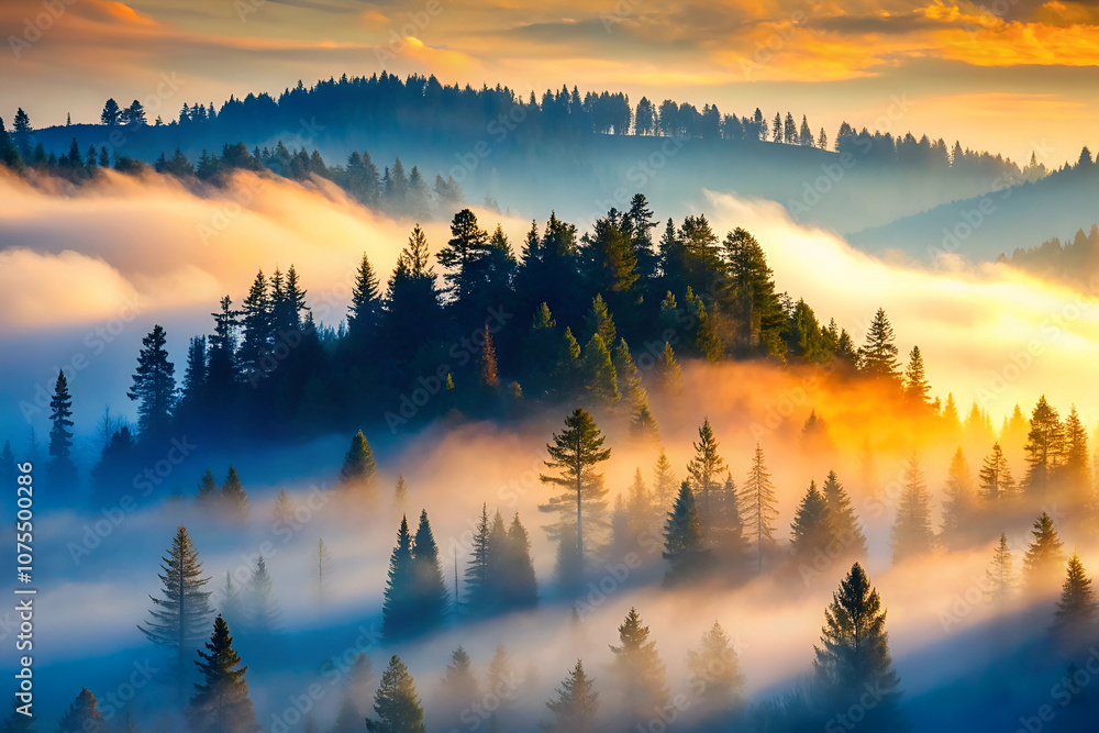 A stunning landscape featuring misty mountains and evergreen trees at sunrise, creating a serene and atmospheric scene. A stunning landscape featuring misty mountains and evergreen trees at sunrise, creating a serene and atmospheric scene.